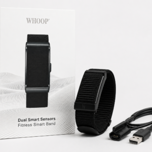 WHOOP Dual Smart Sensors Fitness Smart Band in black with adjustable fabric strap and USB charging cable