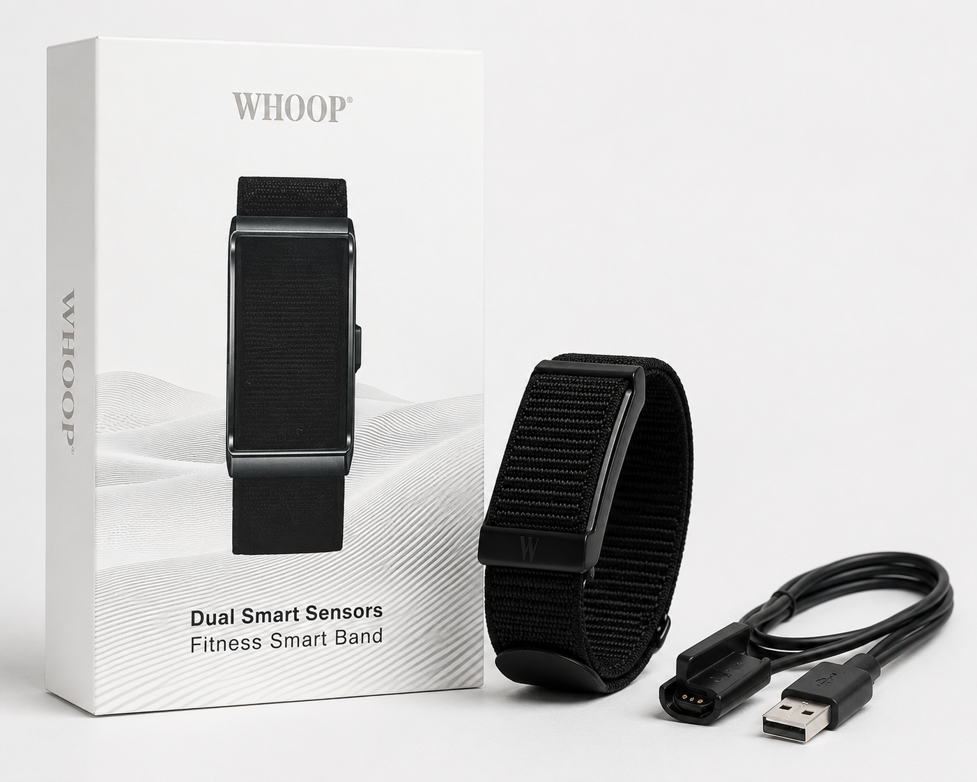 WHOOP Dual Smart Sensors Fitness Smart Band – Black WHOOP Dual Smart Sensors Fitness Smart Band in black with adjustable fabric strap and USB charging cable