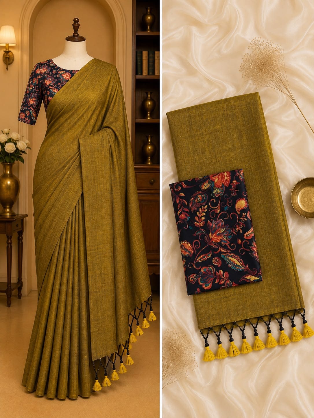 Mustard Olive Handloom Khadi Cotton Saree Handloom Khadi Cotton Saree in Mustard Olive colour
