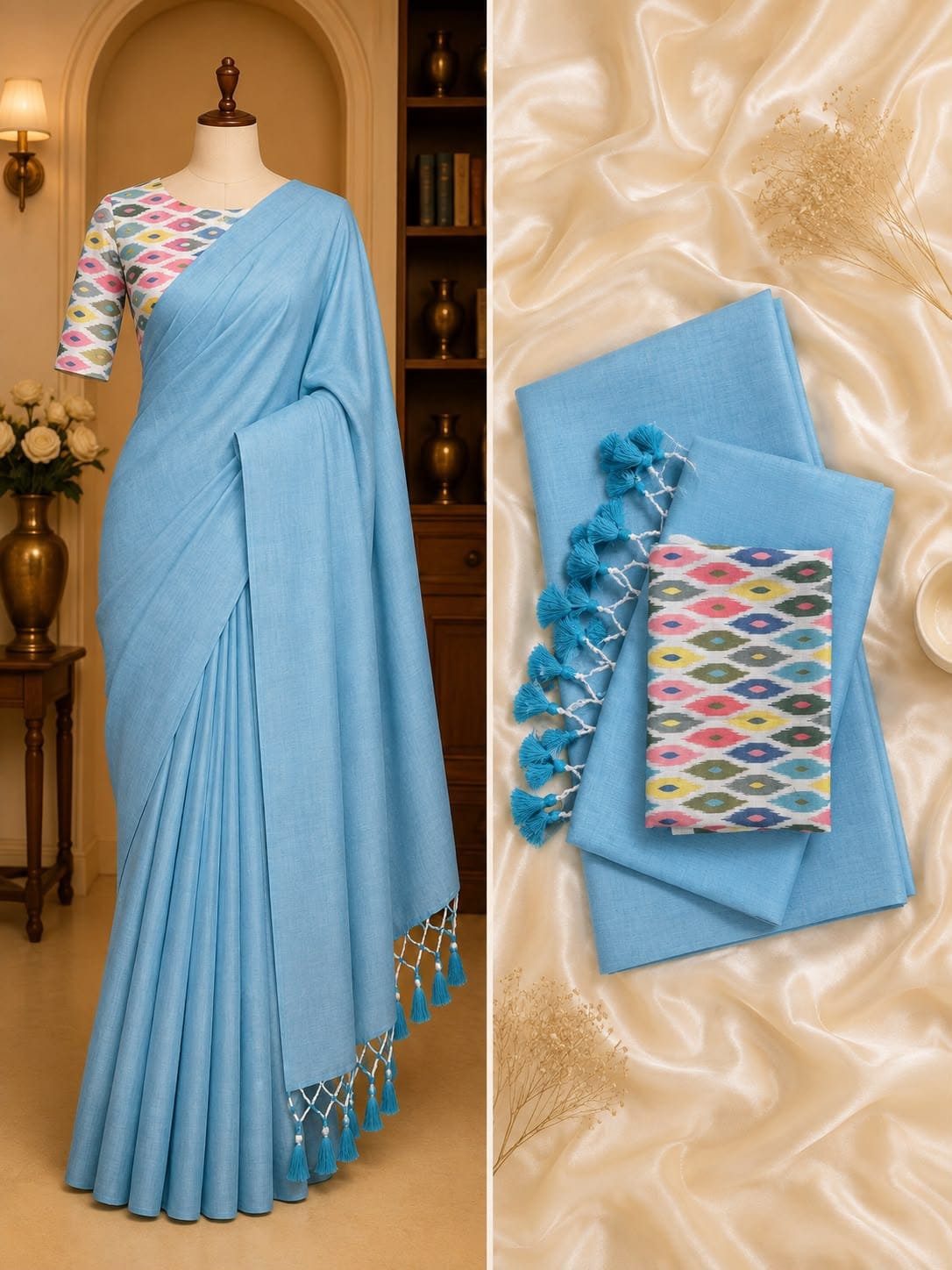 Sky Blue Handloom Khadi Cotton Saree Handloom Khadi Cotton Saree in Sky Blue colour