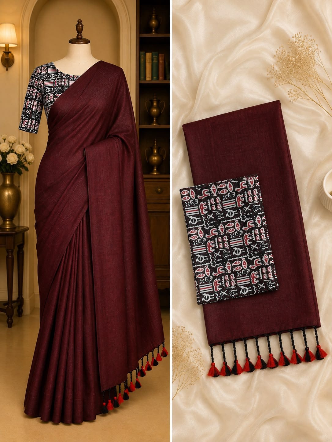 Wine Maroon Handloom Khadi Cotton Saree Handloom Khadi Cotton Saree in Wine Maroon colour