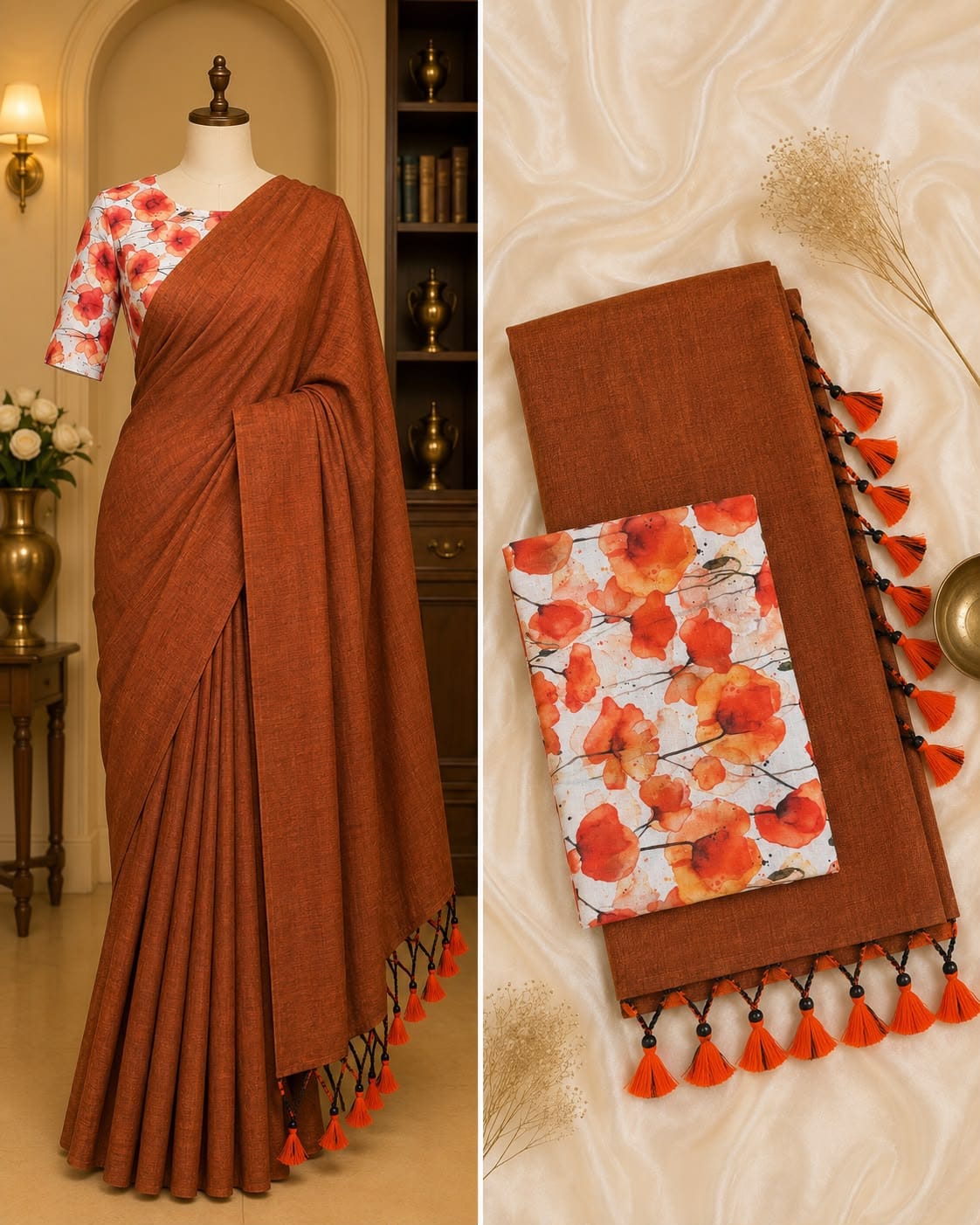 Rust Orange Handloom Khadi Cotton Saree Handloom Khadi Cotton Saree in Rust Orange colour