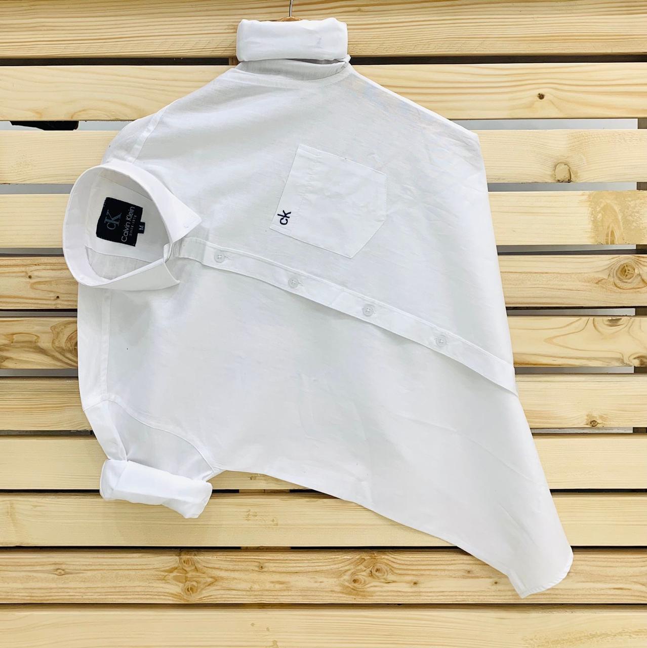 Calvin Kevin Plain Shirt – White Calvin Kevin white plain men's shirt with hard collar, full sleeves and embroidered logo.