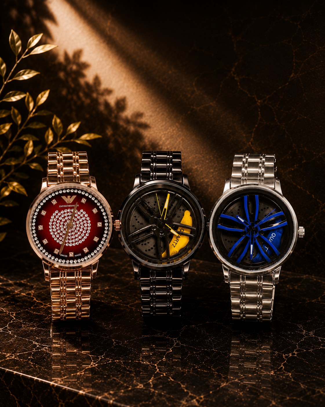 Home Premium men's and women's wristwatch collection displayed on a luxury black marble background.