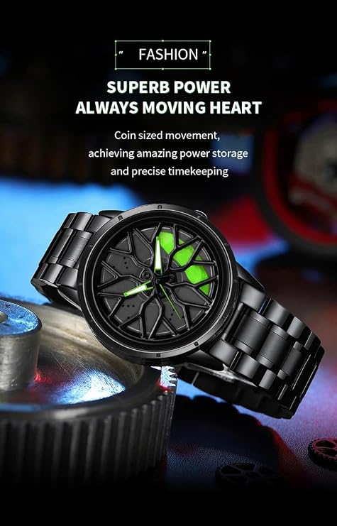 Home Black alloy wheel rotating watch with green accents and metal strap