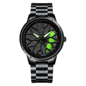 Black alloy wheel rotating watch with green accents and metal strap