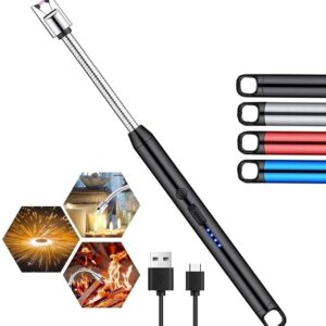 Rechargeable electric arc lighter with flexible neck and safety lock