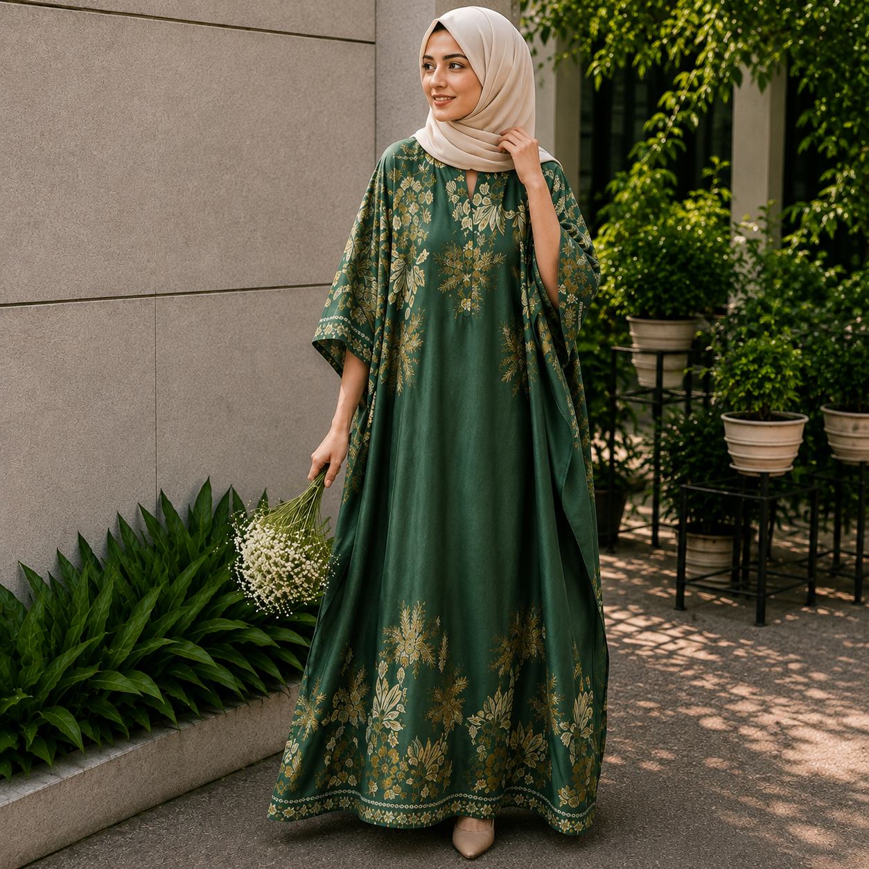 Floral Printed Modest Dress with Hijab Elegant floral printed modest dress worn by a woman in hijab outdoors