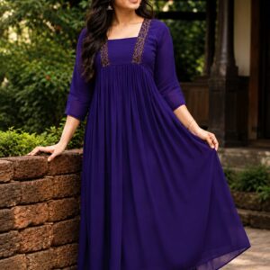 Royal purple party wear A-line Georgette kurti with handwork detailing and 3/4 sleeves