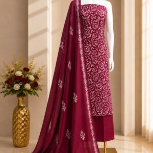Home Wine Modal Silk Hand Block Batik 3-piece dress set with dupatta
