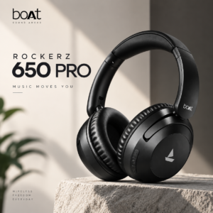 boAt Rockerz 650 Pro black wireless over-ear headphones displayed on a minimalist stone pedestal