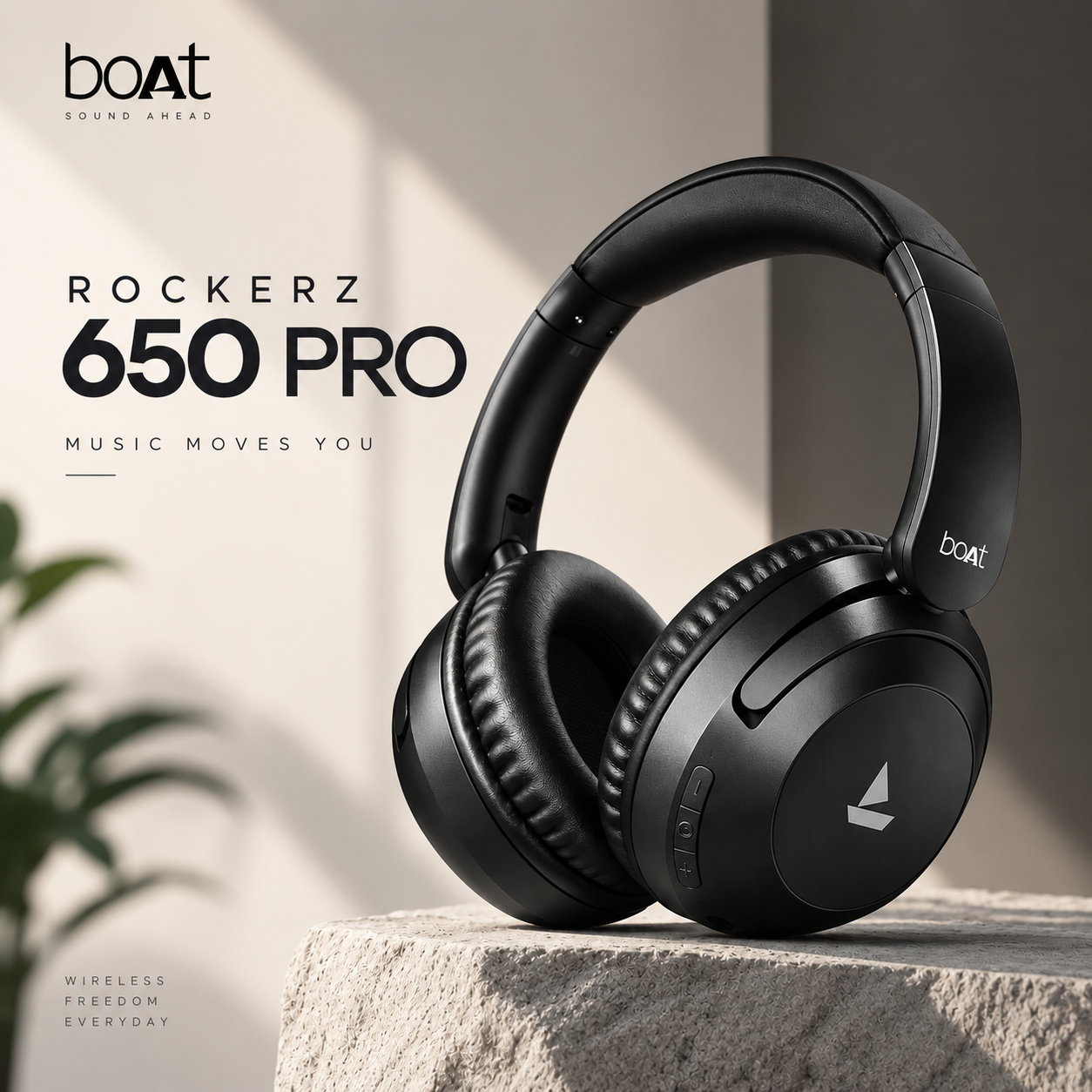 boAt Rockerz 650 Pro Wireless Headphones boAt Rockerz 650 Pro black wireless over-ear headphones displayed on a minimalist stone pedestal