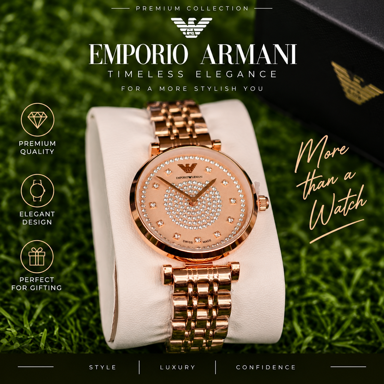 Emporio Armani Women’s Rose Gold Beige Crystal Dial Watch Emporio Armani women’s rose gold watch with beige crystal-studded dial and metal bracelet