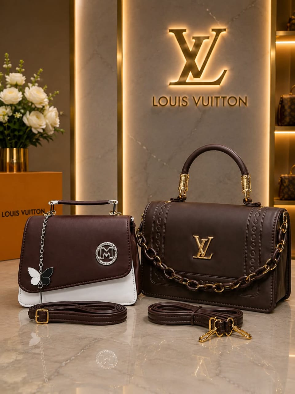 Chocolate Brown Handbag Set Chocolate brown handbags with gold chain straps and white detailing