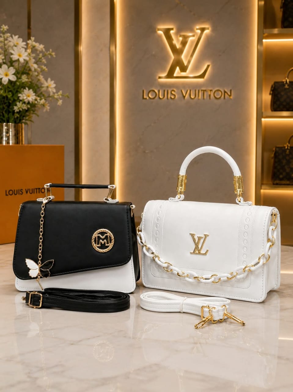 Black & White Handbag Set Black and white handbags with gold chain straps and gold hardware