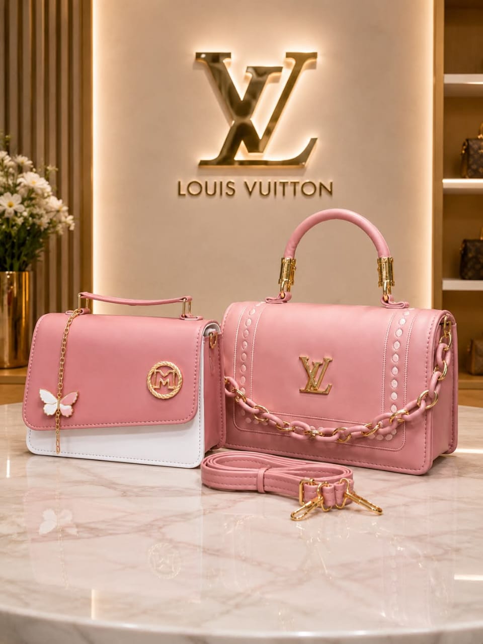 Blush Pink Handbag Set Blush pink handbags with gold chain straps and white detailing