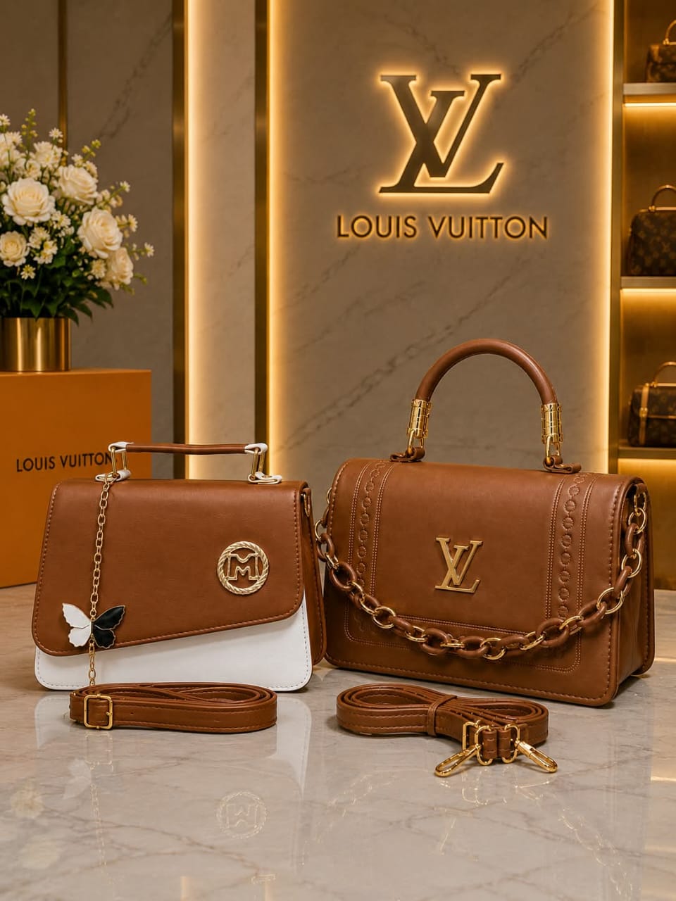 Caramel Brown Handbag Set Caramel brown handbags with gold chain straps and white detailing