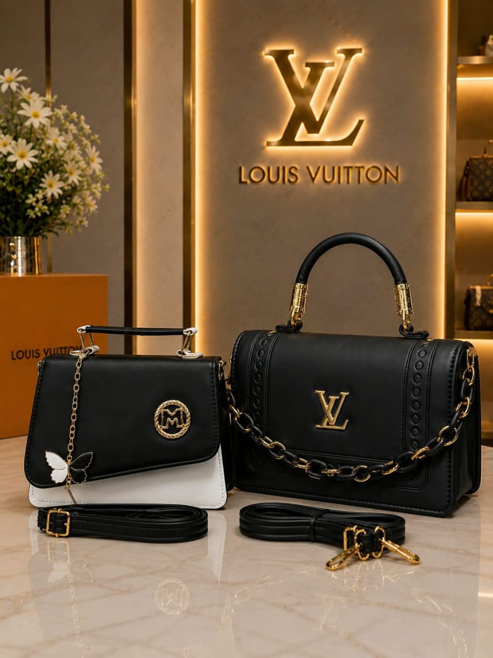 Jet Black Handbag Set Jet black handbags with gold chain straps and gold hardware