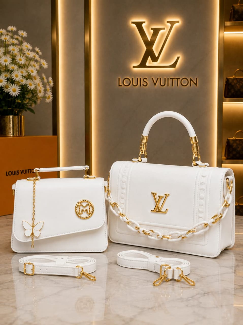 Pearl White Handbag Set Pearl white handbags with gold chain straps and gold hardware