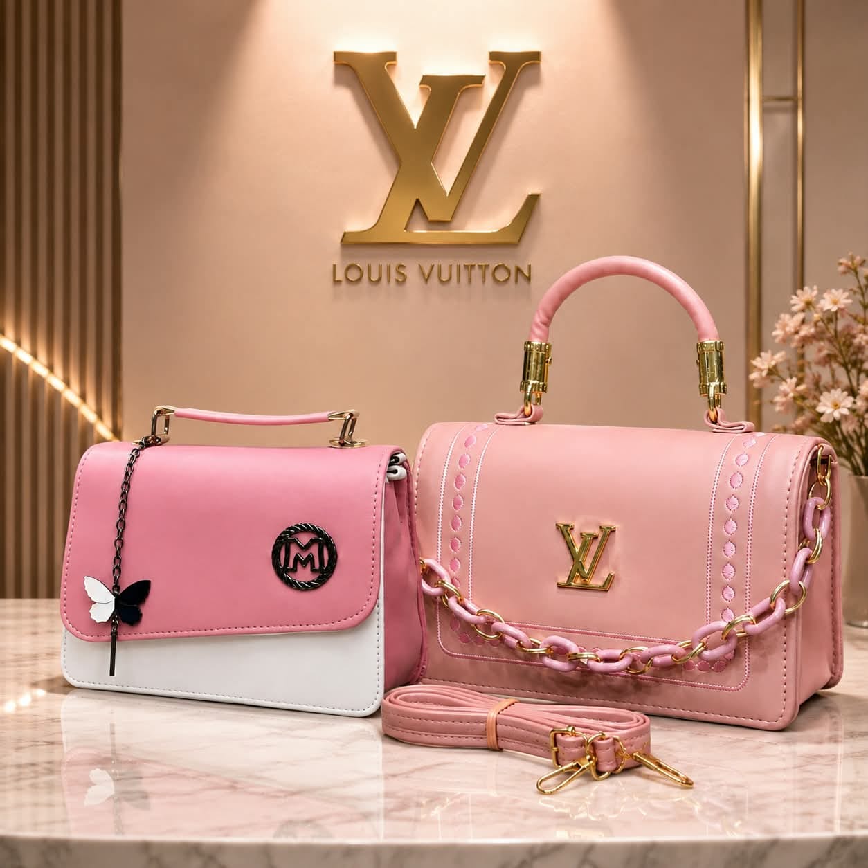 Pink Handbag Set pink handbags with gold chain straps and white detailing