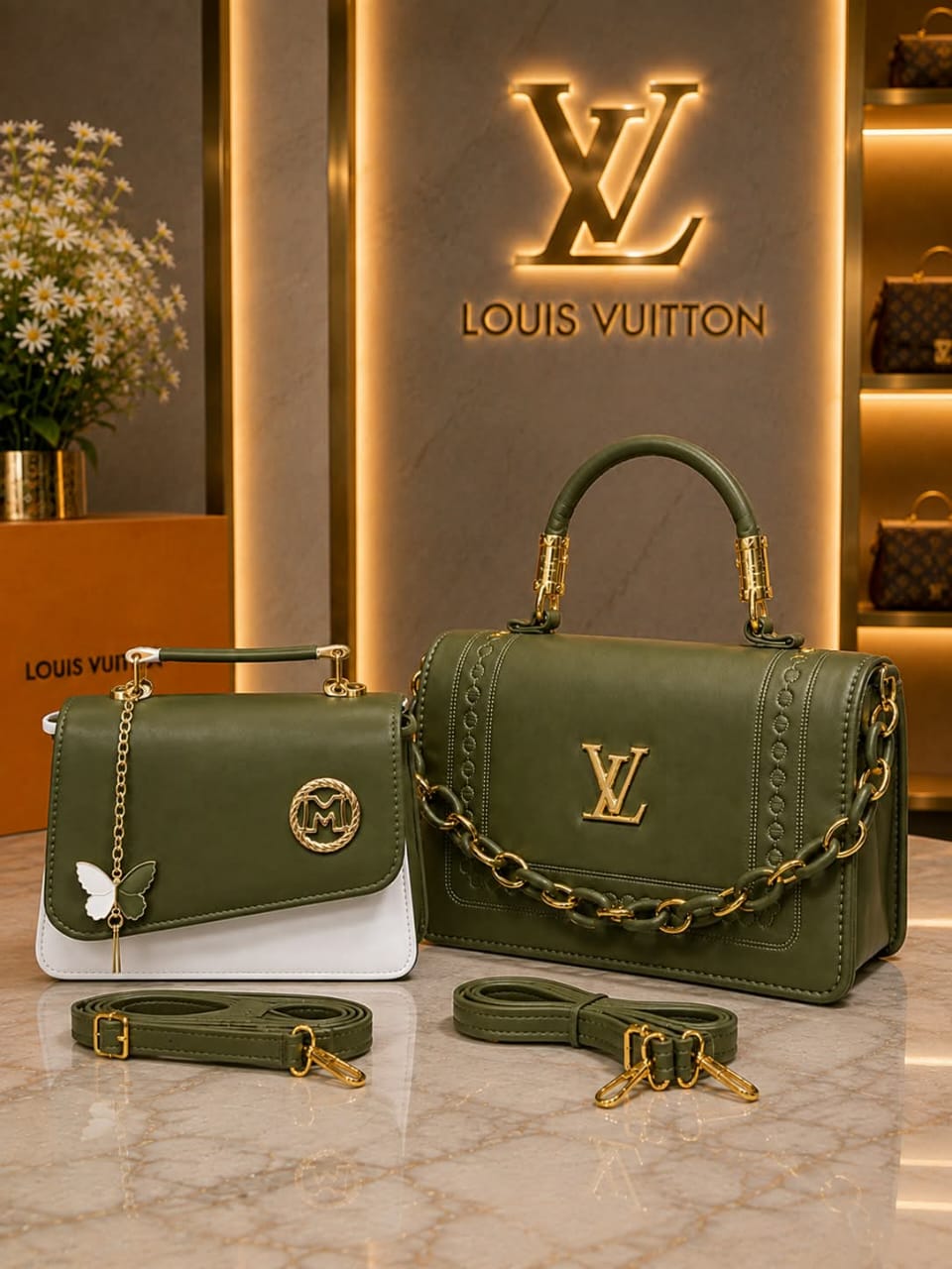 Olive Green Handbag Set Olive green handbags with gold chain straps and white detailing