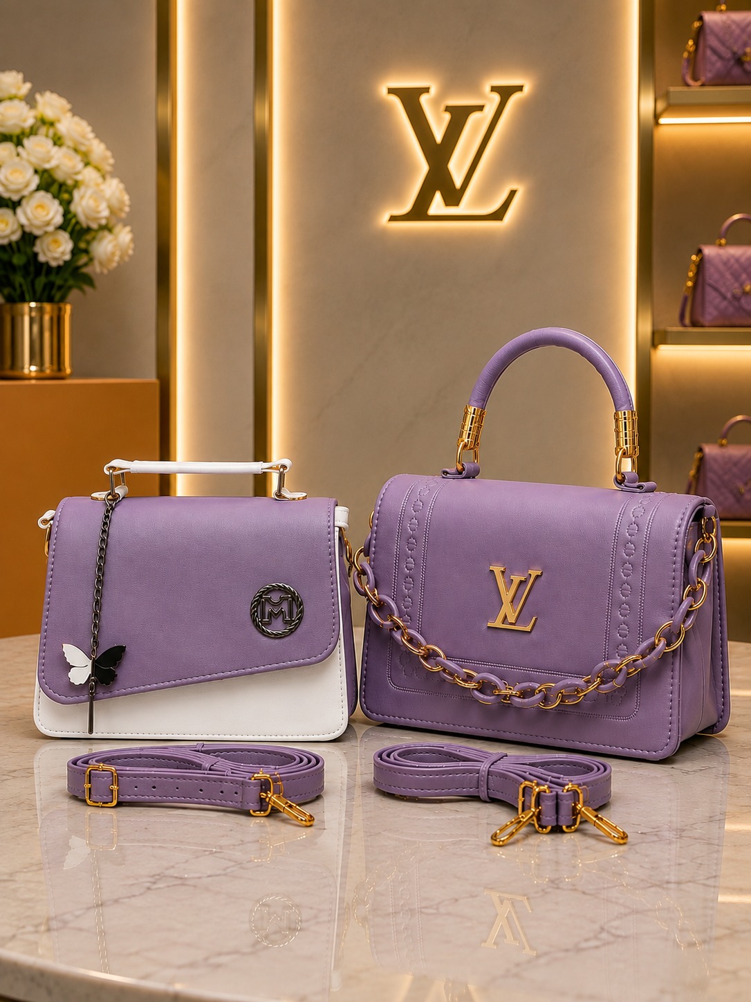 Lavender Purple Handbag Set Lavender purple handbags with gold chain straps and white detailing