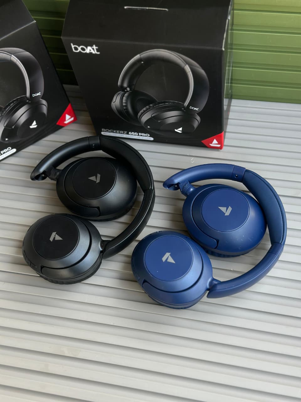 boAt Rockerz 650 Pro Wireless Headphones boAt Rockerz 650 Pro black wireless over-ear headphones displayed on a minimalist stone pedestal