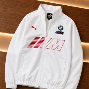 Home White BMW M Motorsport jacket with red Puma logo, BMW badge and red M Motorsport graphic