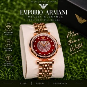 Home Emporio Armani women’s rose gold watch with red crystal-studded dial and metal bracelet