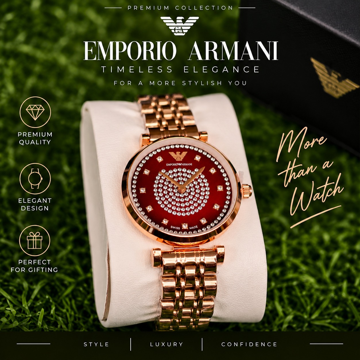 Emporio Armani Women’s Rose Gold Red Crystal Dial Watch Emporio Armani women’s rose gold watch with red crystal-studded dial and metal bracelet