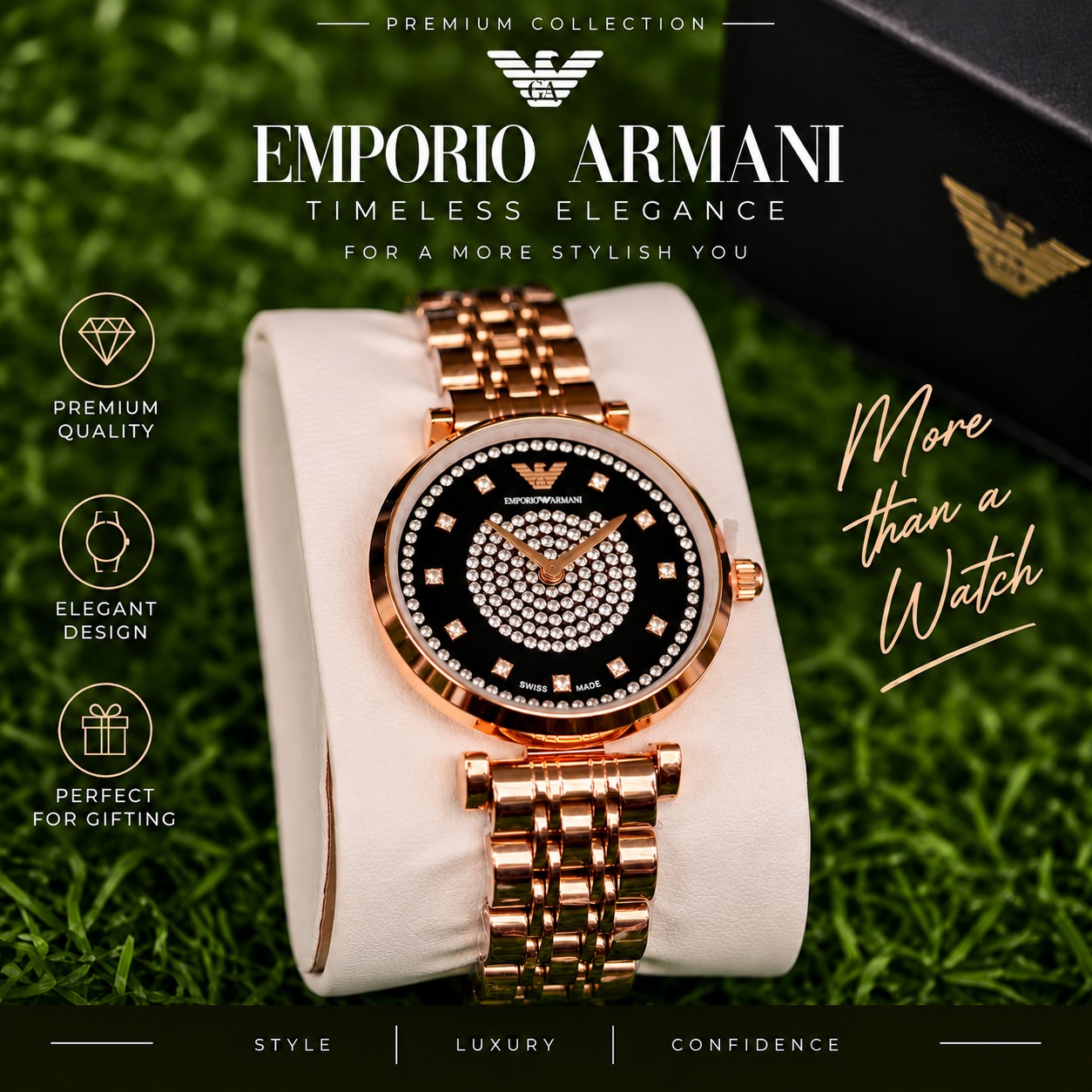 Emporio Armani Women’s Rose Gold Black Crystal Dial Watch Emporio Armani women’s rose gold watch with black crystal-studded dial and metal bracelet