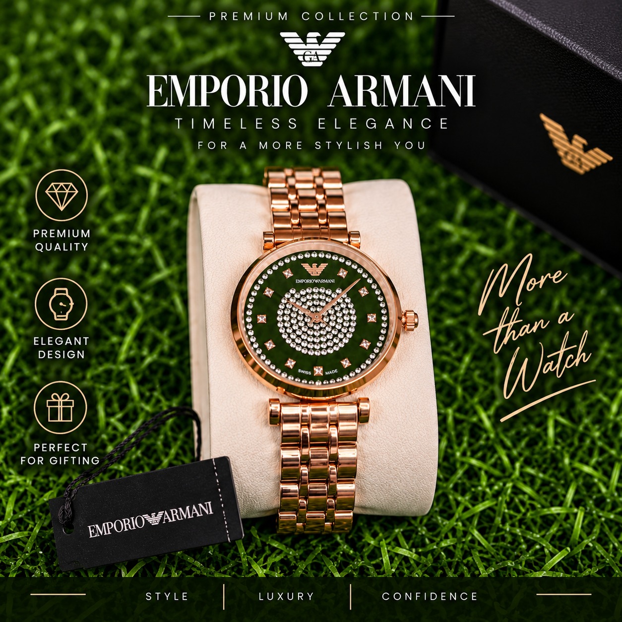 Emporio Armani Women’s Rose Gold Olive Green Crystal Dial Watch Emporio Armani women’s rose gold watch with olive green crystal-studded dial and metal bracelet