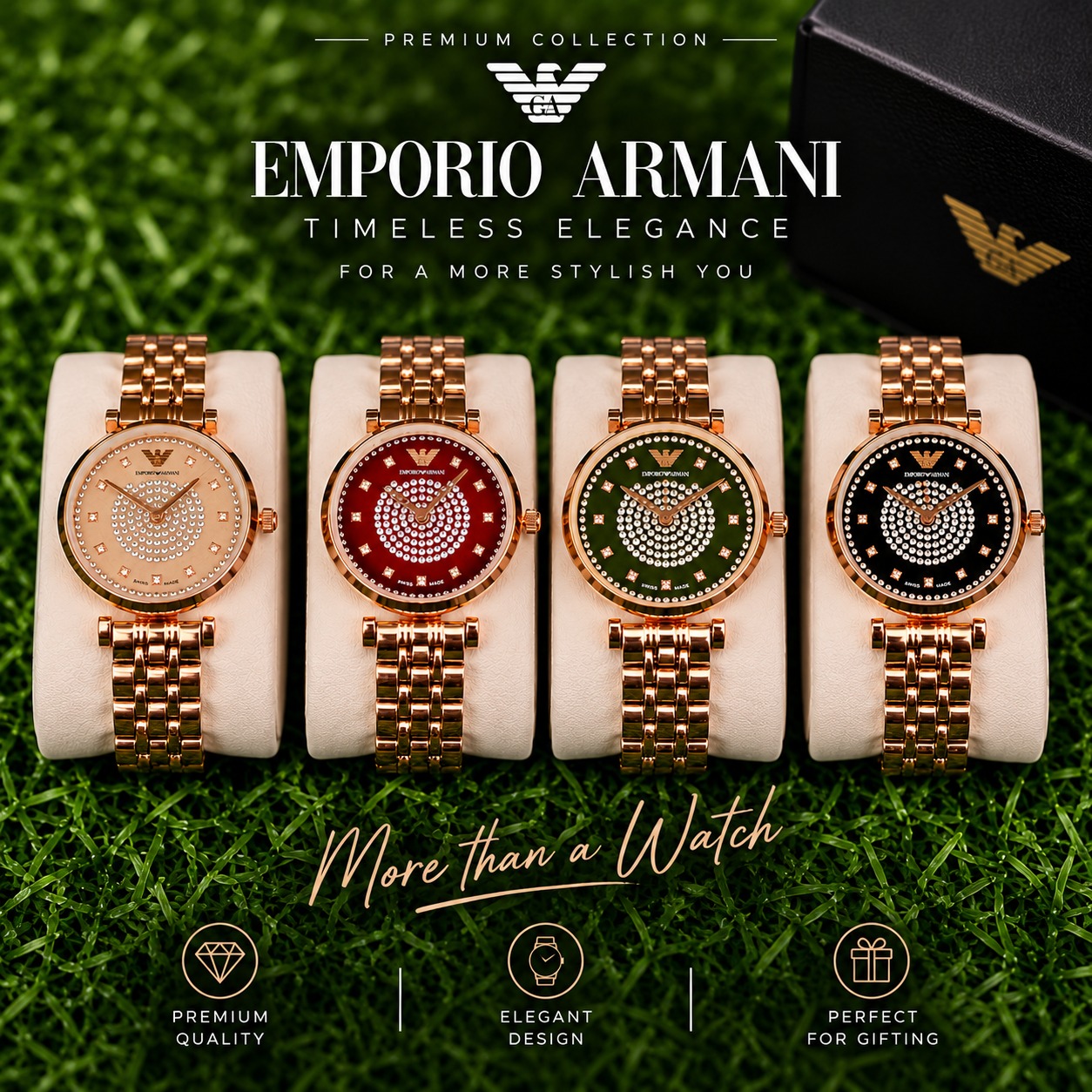 Emporio Armani Ladies Rose Gold Crystal Dial Watches – 4 Colours Emporio Armani ladies rose gold crystal dial watches in black, olive green, red and beige