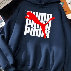 Navy blue fleece hoodie with red PUMA logo and white lettering