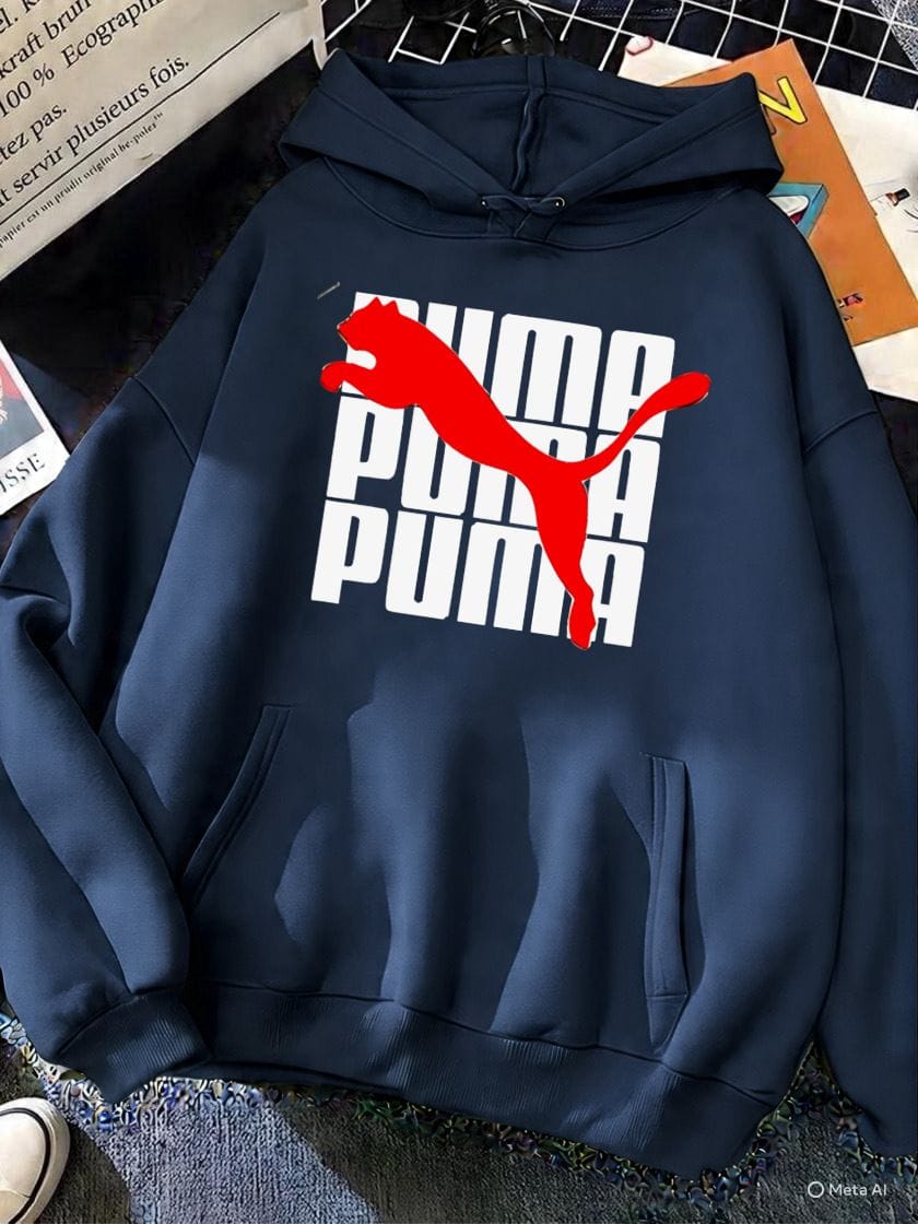 PUMA Navy Blue Fleece Hoodie Navy blue fleece hoodie with red PUMA logo and white lettering