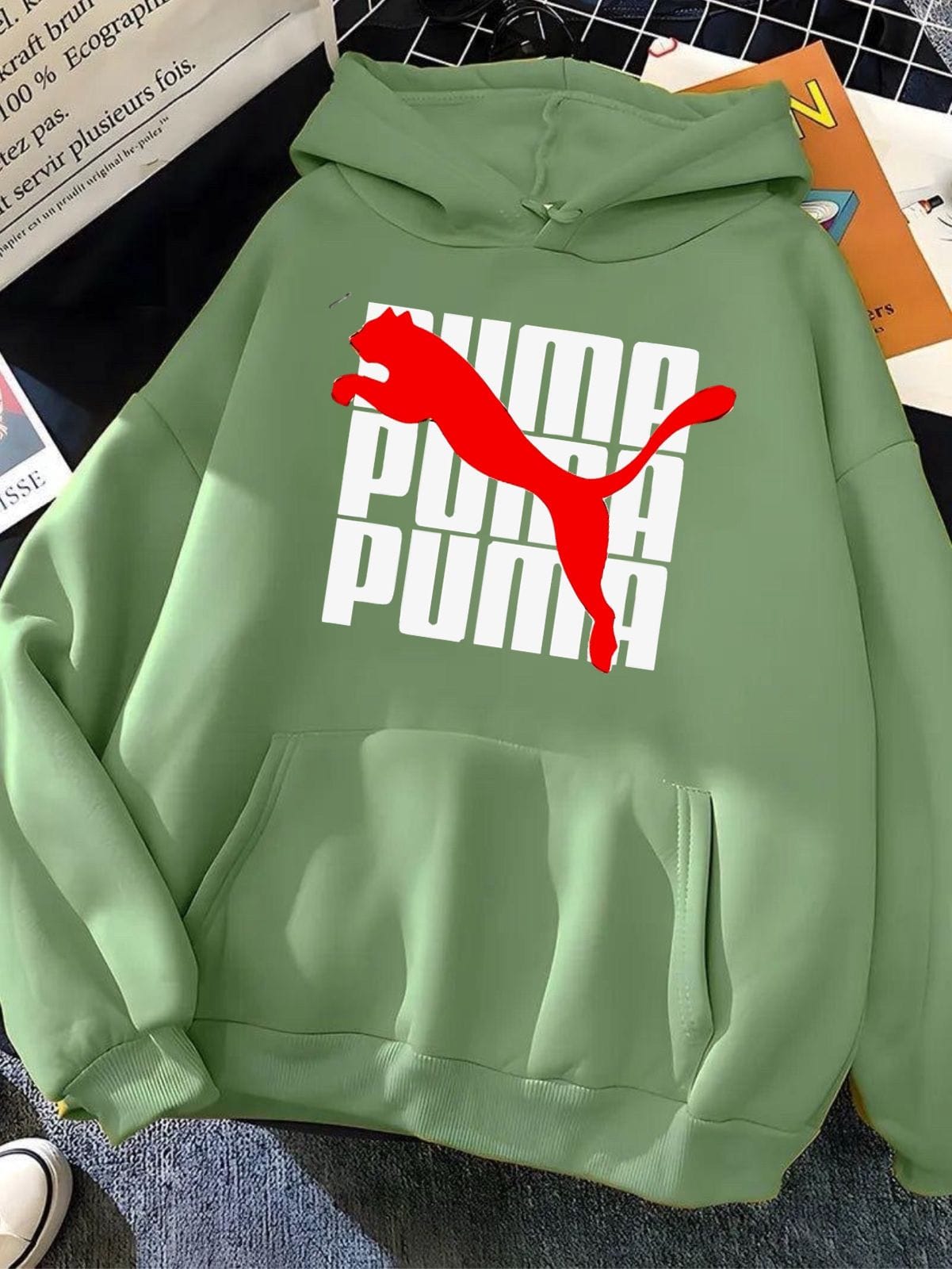 PUMA Sage Green Fleece Hoodie Sage green fleece hoodie with red PUMA logo and white lettering