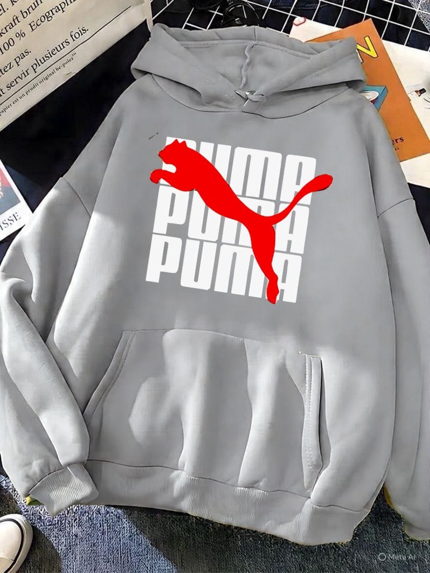 PUMA Light Grey Fleece Hoodie Light grey fleece hoodie with red PUMA logo and white lettering