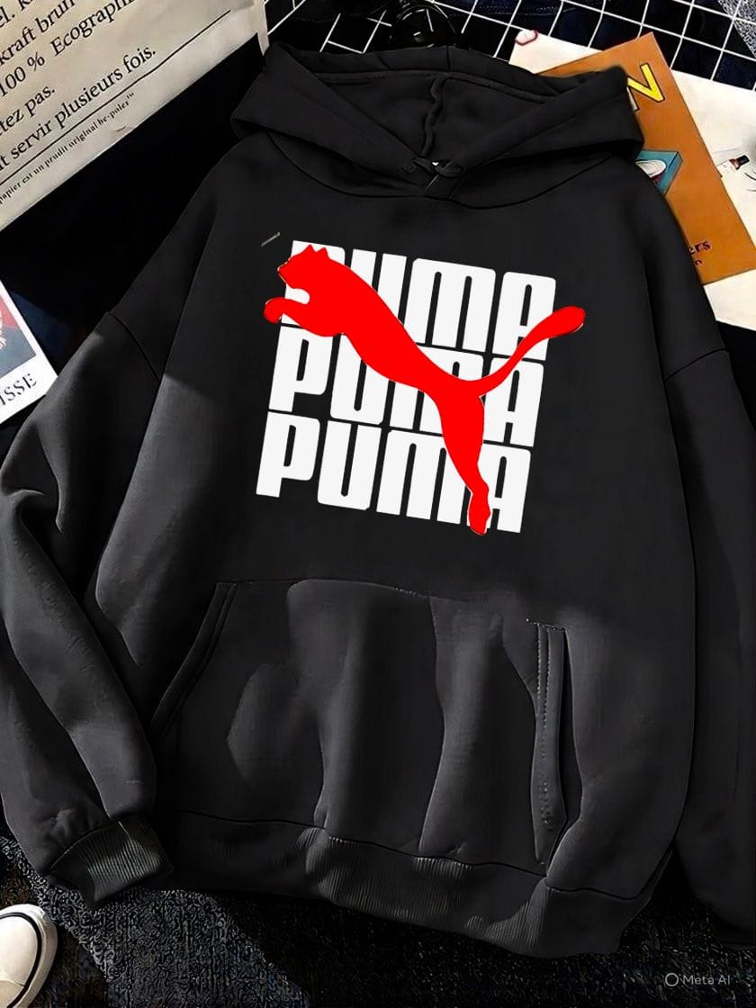 PUMA Black Fleece Hoodie Black fleece hoodie with white PUMA lettering and red logo