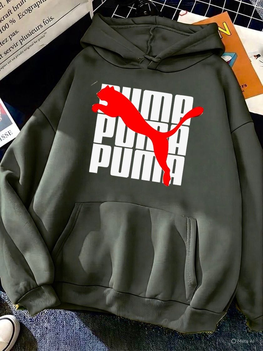 PUMA Charcoal Fleece Hoodie Dark charcoal fleece hoodie with red PUMA logo and white lettering