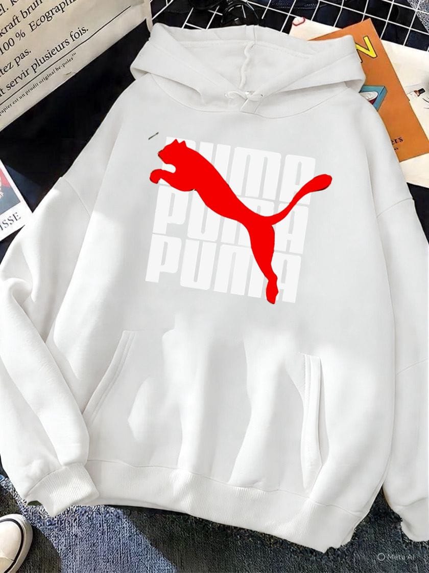 PUMA White Fleece Hoodie White fleece hoodie with red PUMA logo and kangaroo pocket