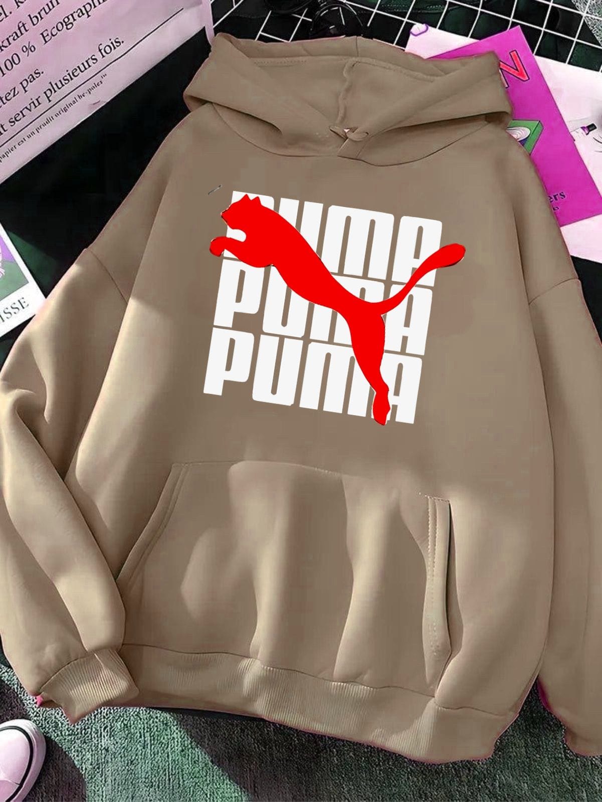 PUMA Beige Fleece Hoodie Beige fleece hoodie with red PUMA logo and kangaroo pocket