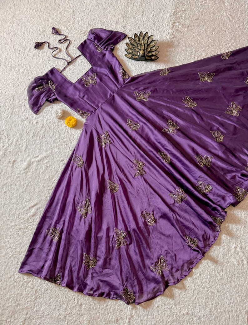 Purple Rangoli Silk Designer Gown Designer purple Rangoli Silk gown with beads and sequin work