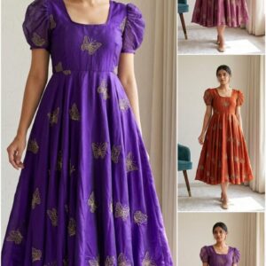 Elegant Rangoli silk gown featuring intricate bead and sequin work, with a flattering silhouette designed for special occasions.